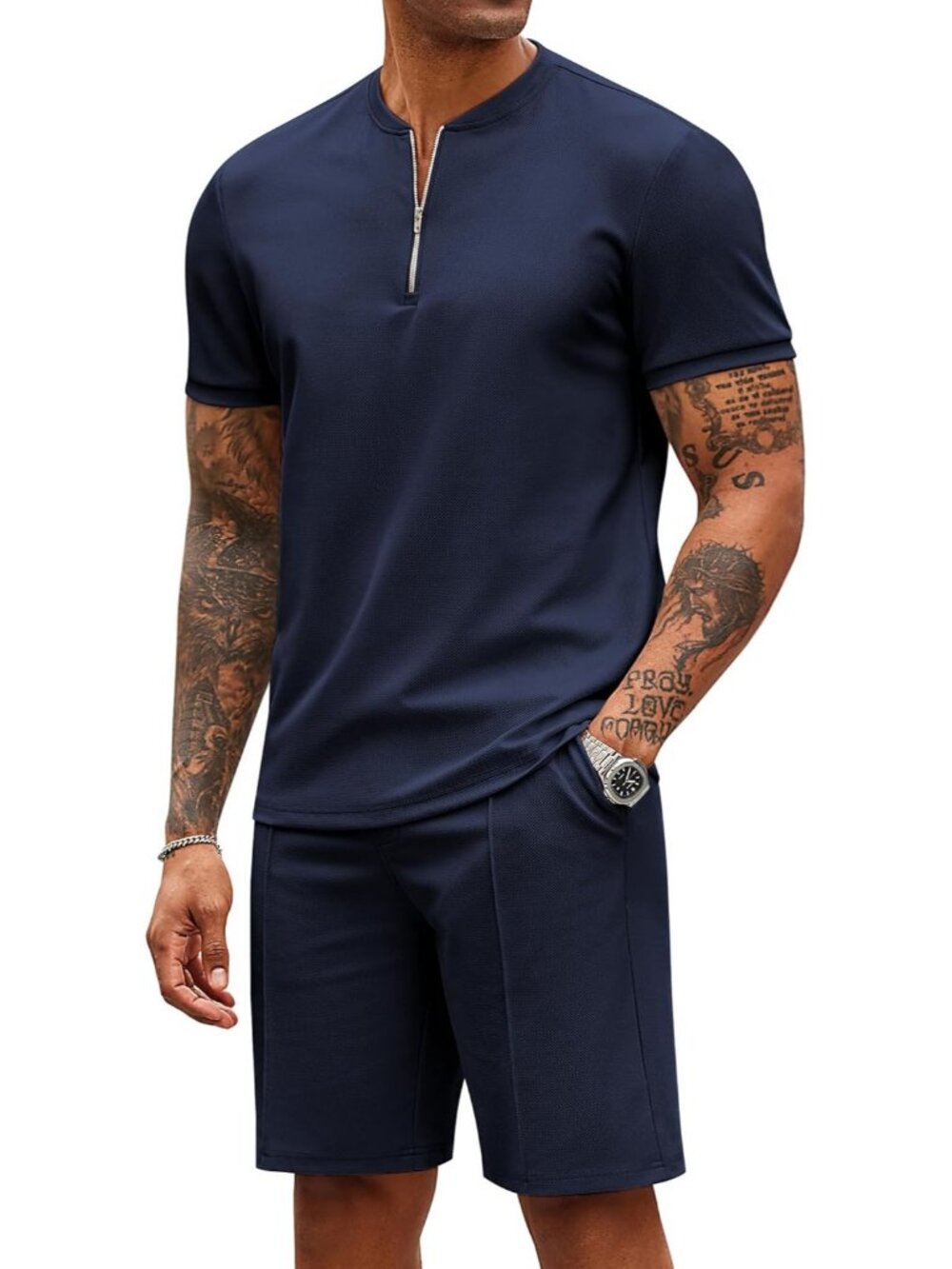 Coofandy Men's Navy Blue Polyester Shorts Zip Polo T Shirt 2 Pieces Tracksuit